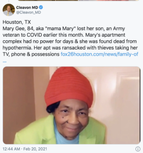 Mary Gee Houston Texas hypothermia winter storm burglars