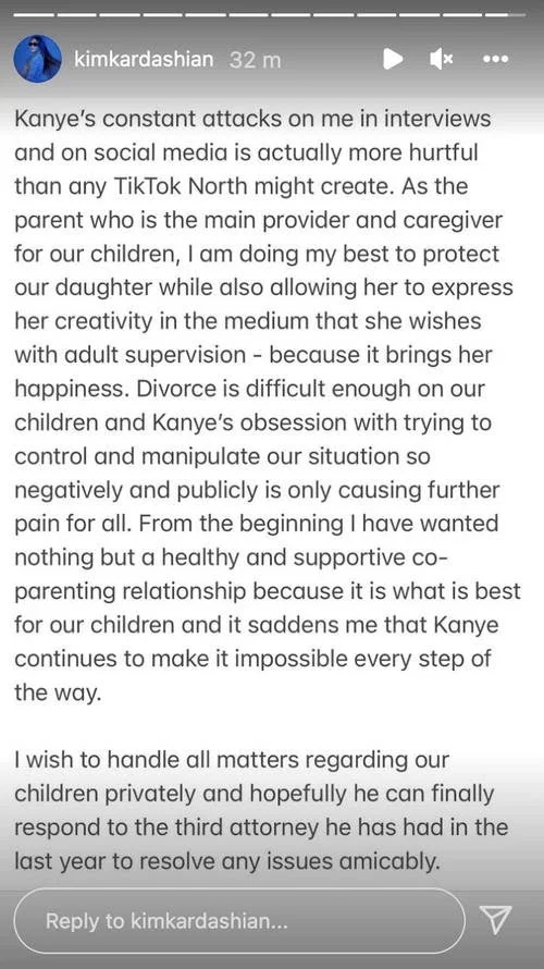 Kim Kardashian Instagram response to Kanye West
