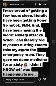 Keyshia Cole, Singer, Emergency Room, Hospital, Instagram, Story, Severe, Anxiety Attacks. 