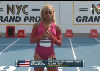 Sha'Carri Richardson, American Sprinter, First Place, Women's 200m Race, USATF NYC Grand Prix, Icahn Stadium, Randall's Island, New York City.