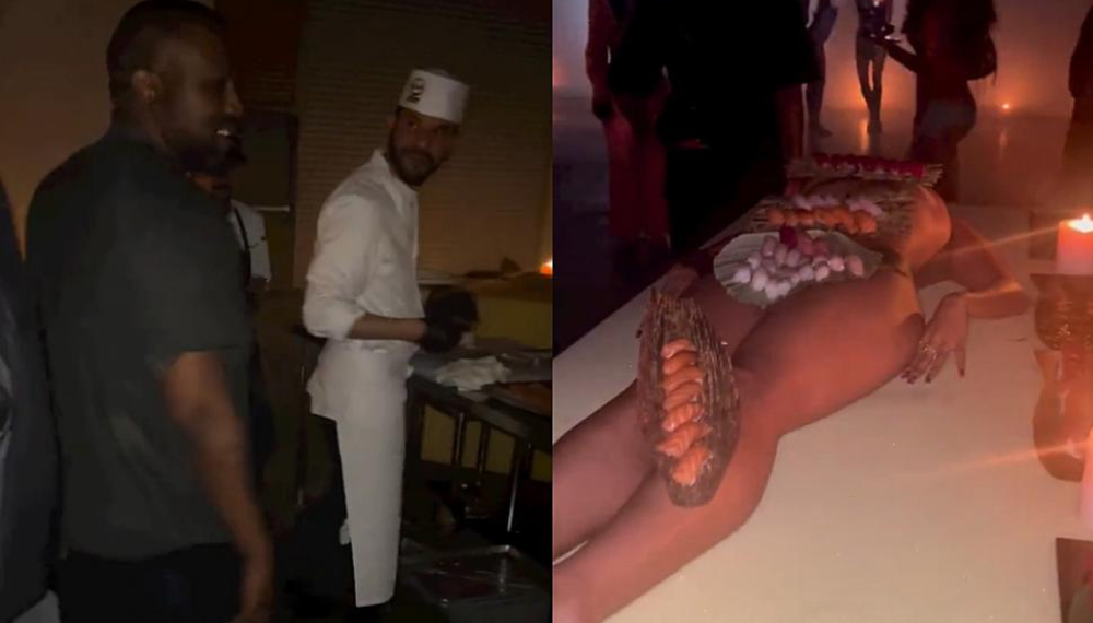 Kanye, West, sushi, woman, birthday, party, Nyotaimori, model