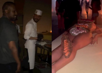 Kanye, West, sushi, woman, birthday, party, Nyotaimori, model